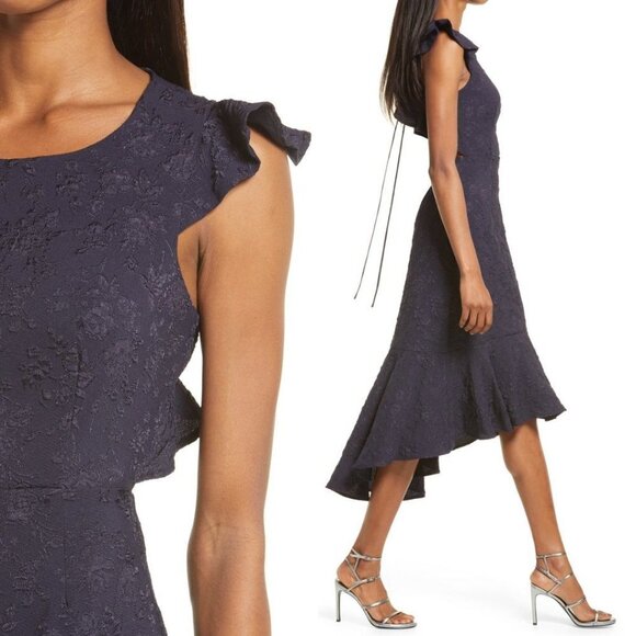 Lulu's Jacquard Sophisticated Soiree Navy Blue High Low Open Back Ruffles - Picture 9 of 15